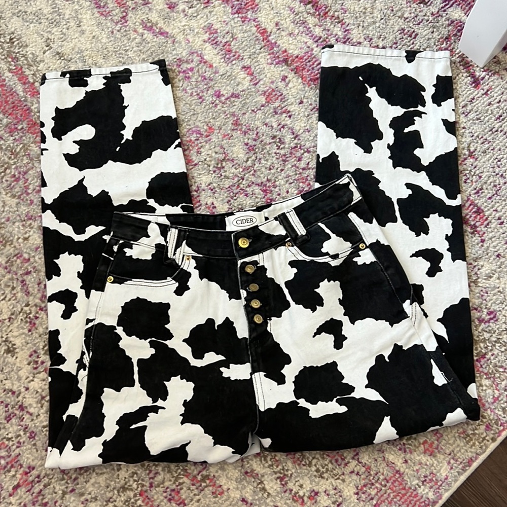 Cider black and white cow print jeans